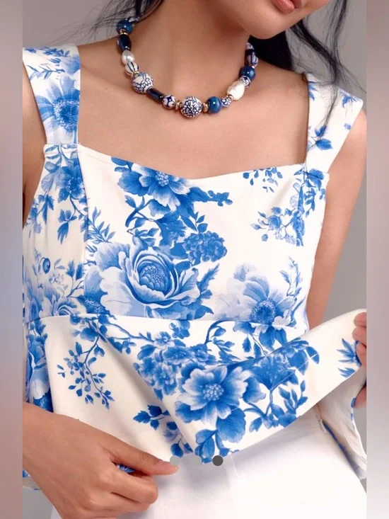 Anthropologie Maeve White/Blue Floral Print Peplum Top/Sleeveless: M - Picture 4 of 8
